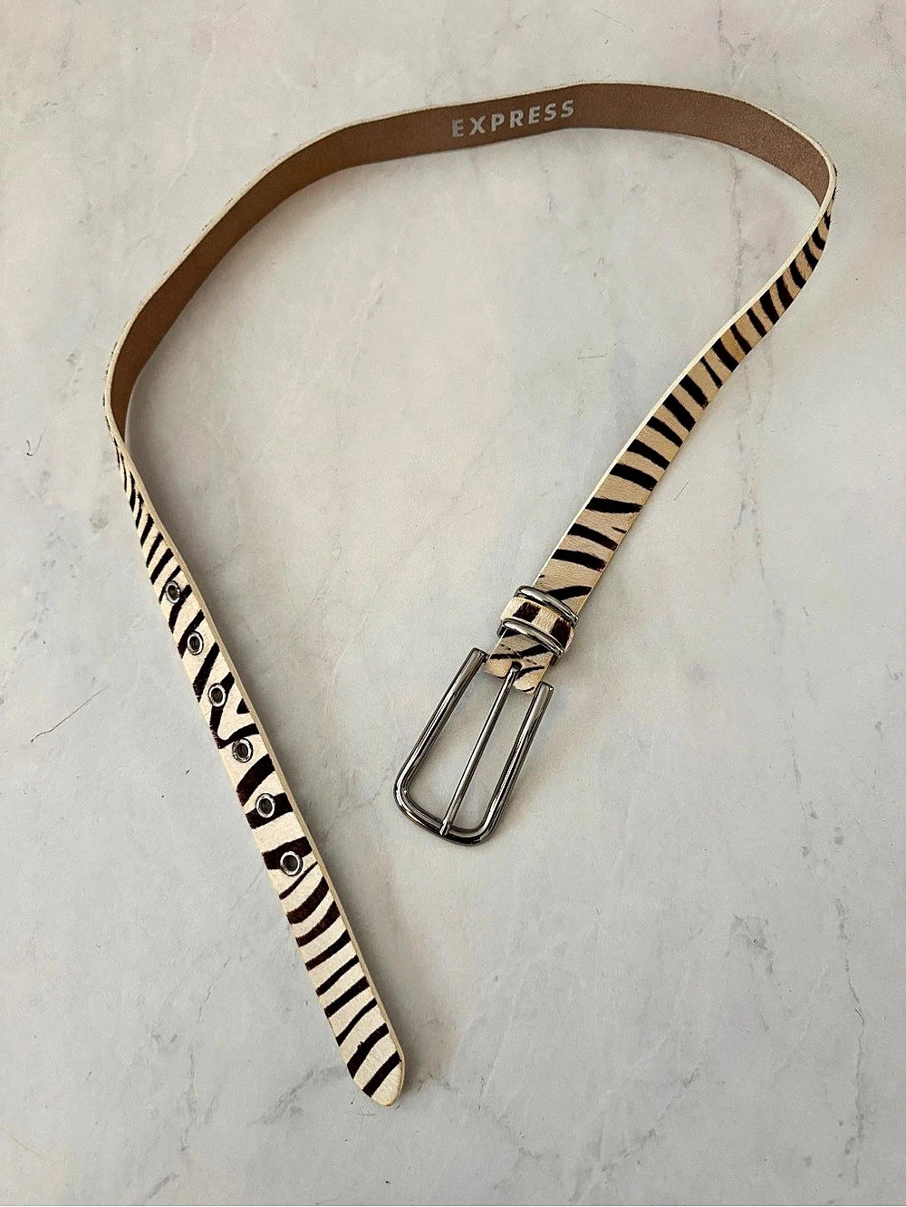 Express Animal Print Leather Belt in Brown & White
